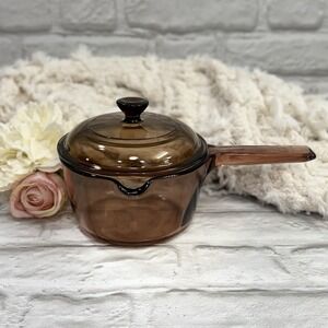 Vintage Vision Corning Ware USA 1 L Amber Sauce Pan Pot w/Pour Spout & Pyrex Lid